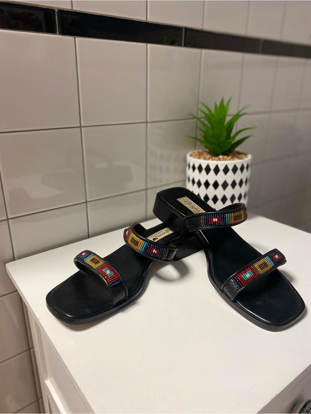 Brighton Black Leather Sandals with Multicolor Beaded Straps